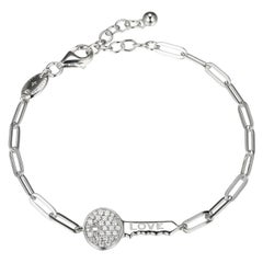 Sterling Silver Bracelet Paperclip Chain (3mm) CZ Love Key, Rhodium Finish