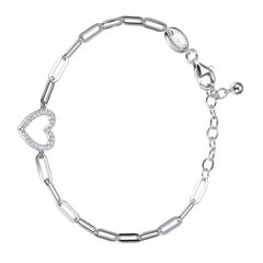 Sterling Silver Bracelet Paperclip Chain (3mm) CZ Open Heart, Rhodium Finish