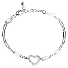 Sterling Silver Bracelet Paperclip Chain (3mm) CZ Open Heart, Rhodium Finish