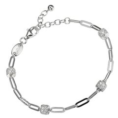 Sterling Silver Bracelet Paperclip Chain (3mm) CZ Rondelle, Rhodium Finish