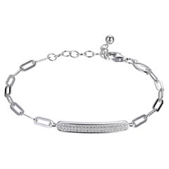 Sterling Silver Bracelet Paperclip Chain (3mm) Pave CZ Bar, Rhodium Finish