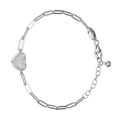 Sterling Silver Bracelet Paperclip Chain (3mm) Pave CZ Heart, Rhodium Finish