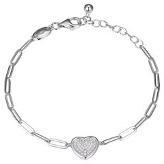 Sterling Silver Bracelet Paperclip Chain (3mm) Pave CZ Heart, Rhodium Finish