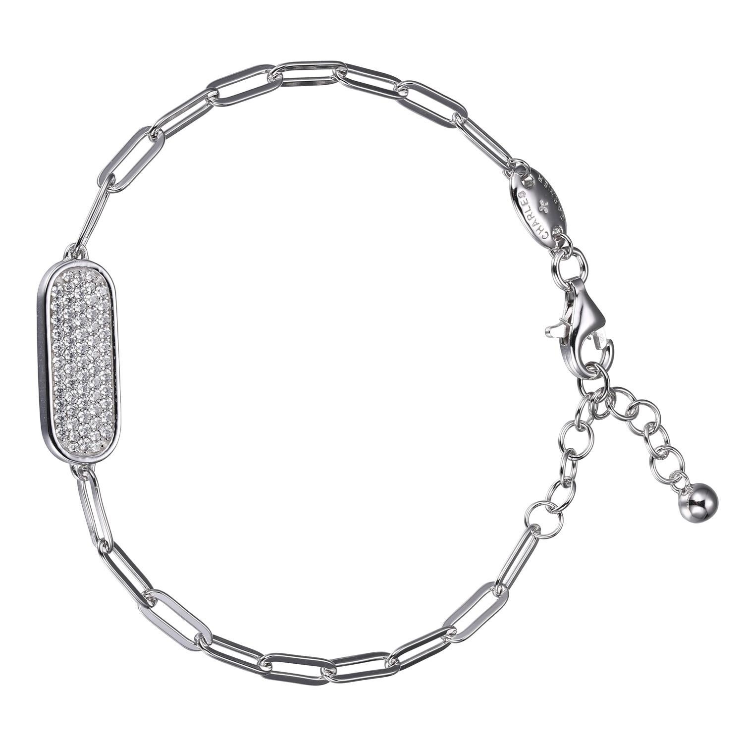 Sterling Silver Bracelet made with Paperclip Chain (3mm) and Pave CZ Motif, Measures 6.75