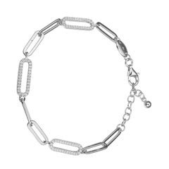 Sterling Silver Bracelet Paperclip Chain (5mm) 3 CZ Link, Rhodium Finish