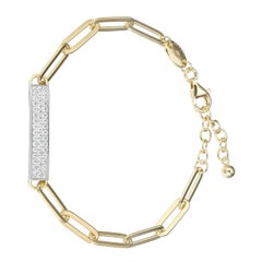 Sterling Silver Bracelet Paperclip Chain (5mm) CZ Bar, 18K Yellow Gold Finish