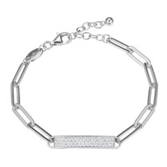 Sterling Silver Bracelet Paperclip Chain (5mm) CZ Bar in Center, Rhodium Finish