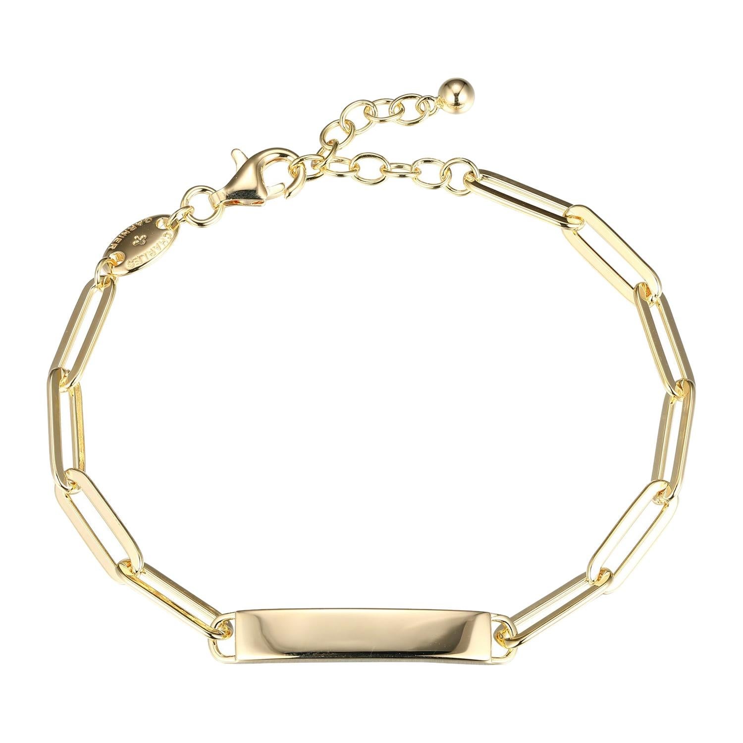 Sterling Silver Bracelet Paperclip Chain (5mm) ID Bar, 18K Yellow Gold Finish For Sale