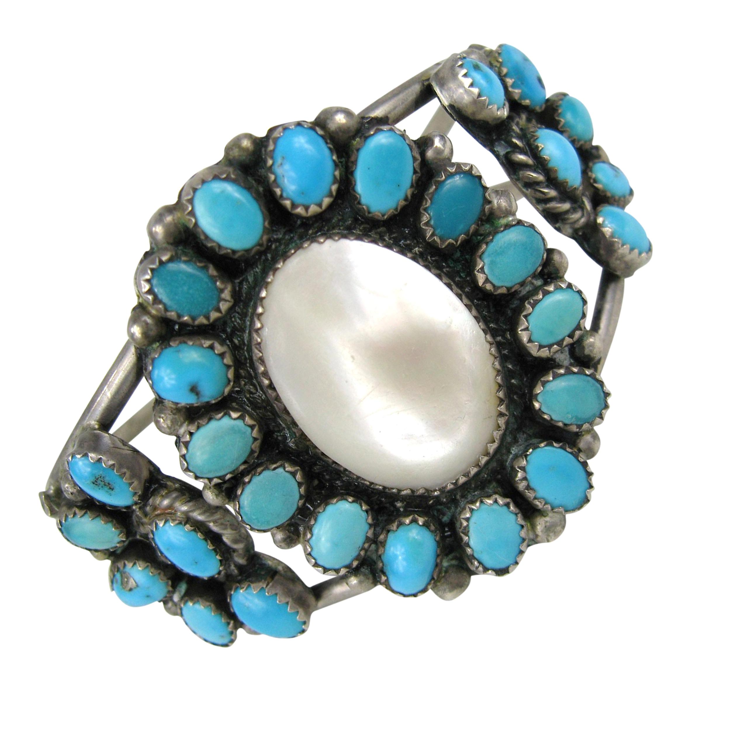  Sterling Silver Bracelet Turquoise - Mother of Pearl Old Pawn Navajo For Sale