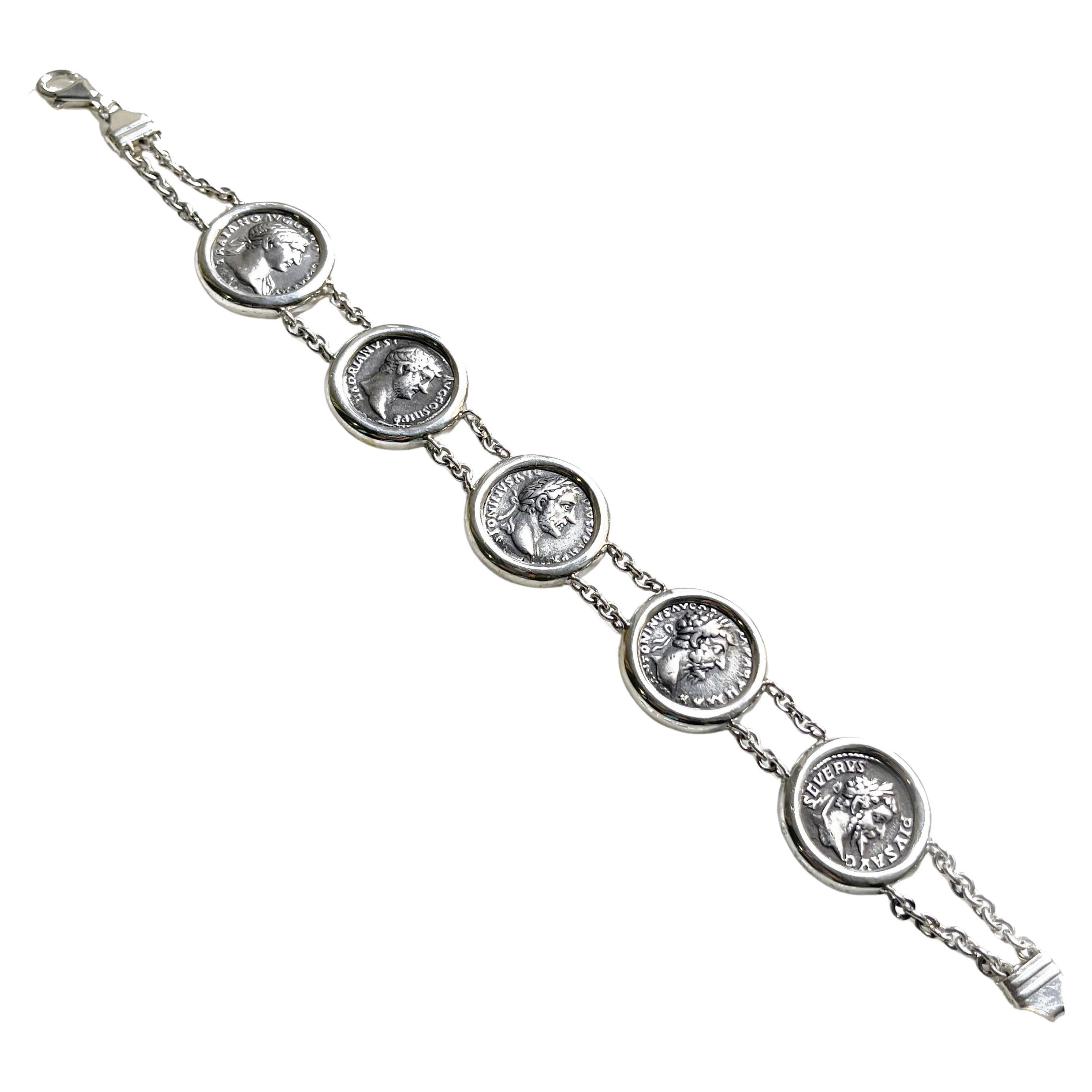 Sterling Silver Bracelet with 5 Authentic Roman Coins Depicting Roman Emperors For Sale