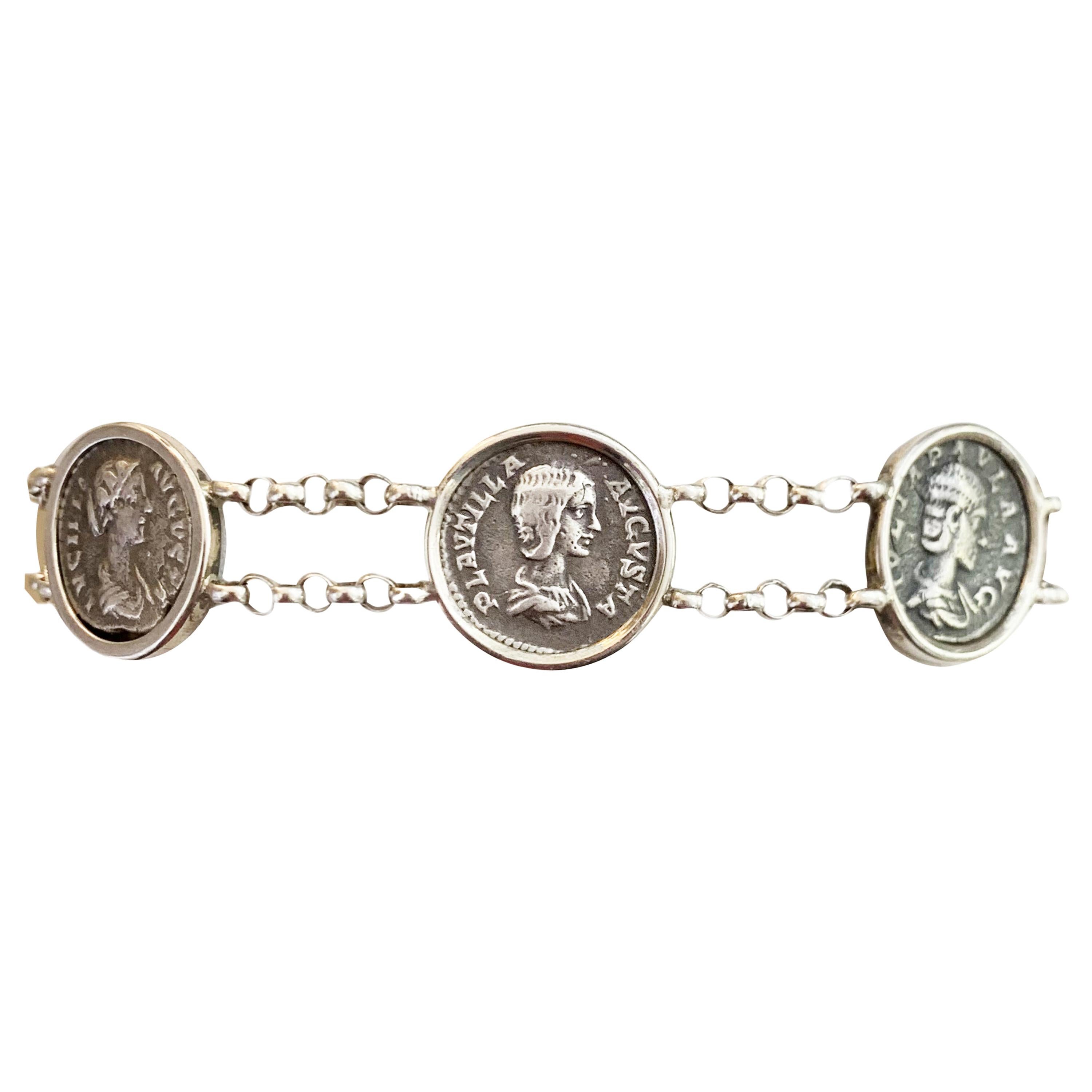 Sterling Silver Bracelet with 5 Roman Coins Depicting 5 Important Roman Woman