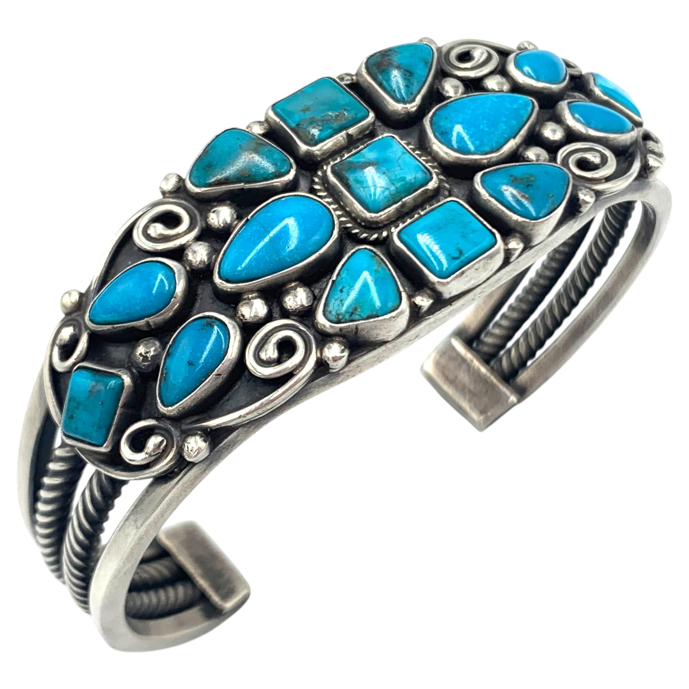 Sterling Silver Bracelet with Arizona Turquoise by Navajo Silversmith Verdy Jake