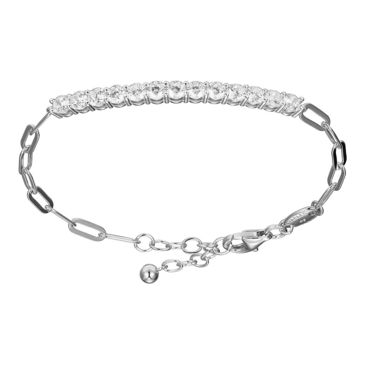 Modern Sterling Silver Bracelet with Paperclip Chain (3mm) and CZ, Rhodium Finish For Sale