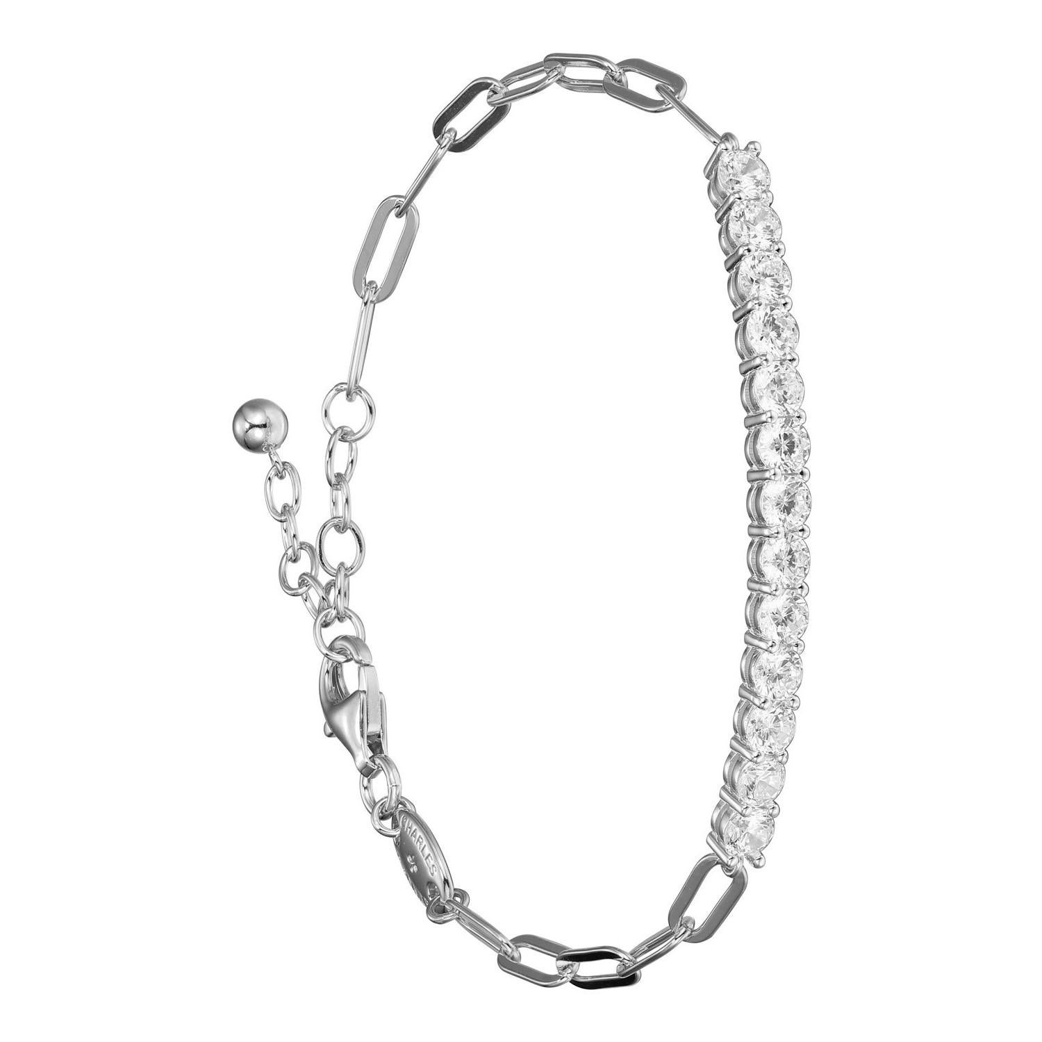 Round Cut Sterling Silver Bracelet with Paperclip Chain (3mm) and CZ, Rhodium Finish For Sale