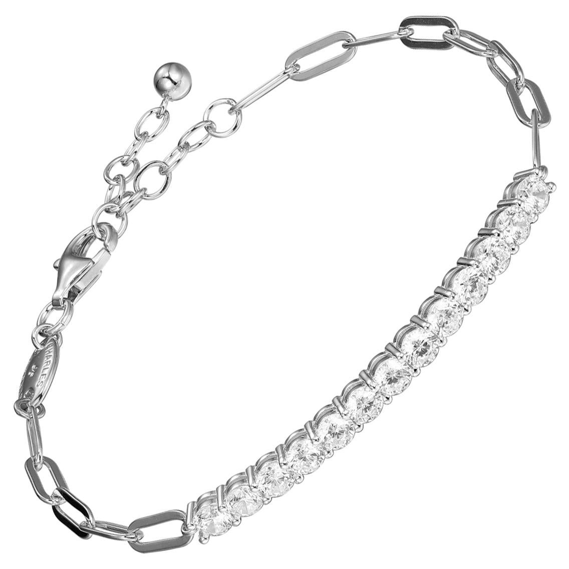 Sterling Silver Bracelet with Paperclip Chain (3mm) and CZ, Rhodium Finish For Sale