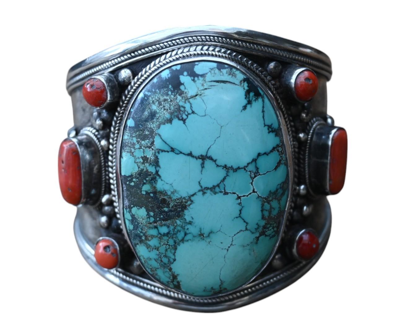 Tibetan Sterling Silver Bracelet With Red Coral And Turquoise, Tibet/nepal, 19th century For Sale