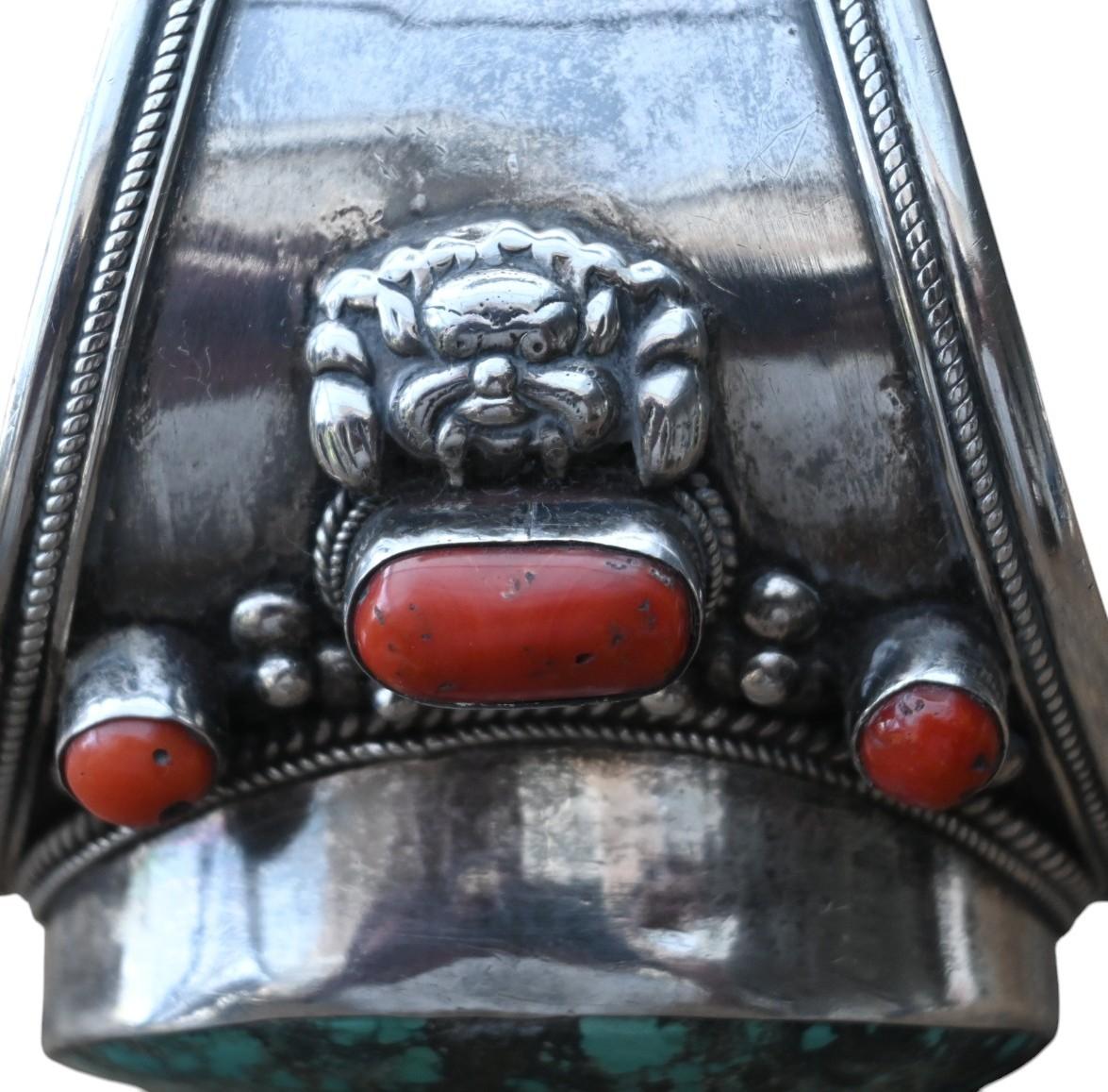 Tibetan Sterling Silver Bracelet With Red Coral And Turquoise, Tibet/nepal, 19th century For Sale