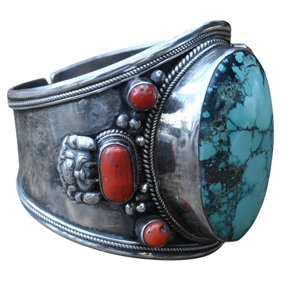 Sterling Silver Bracelet With Red Coral And Turquoise, Tibet/nepal, 19th century