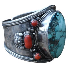 Antique Sterling Silver Bracelet With Red Coral And Turquoise, Tibet/nepal, 19th century