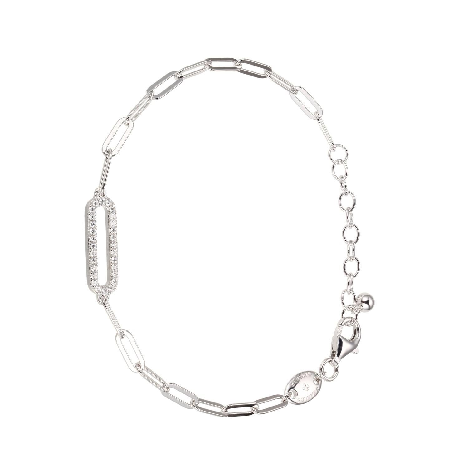 Sterling Silver Bracelet made with Paperclip Chain (3mm) and CZ Link in Center, Measures 6.75