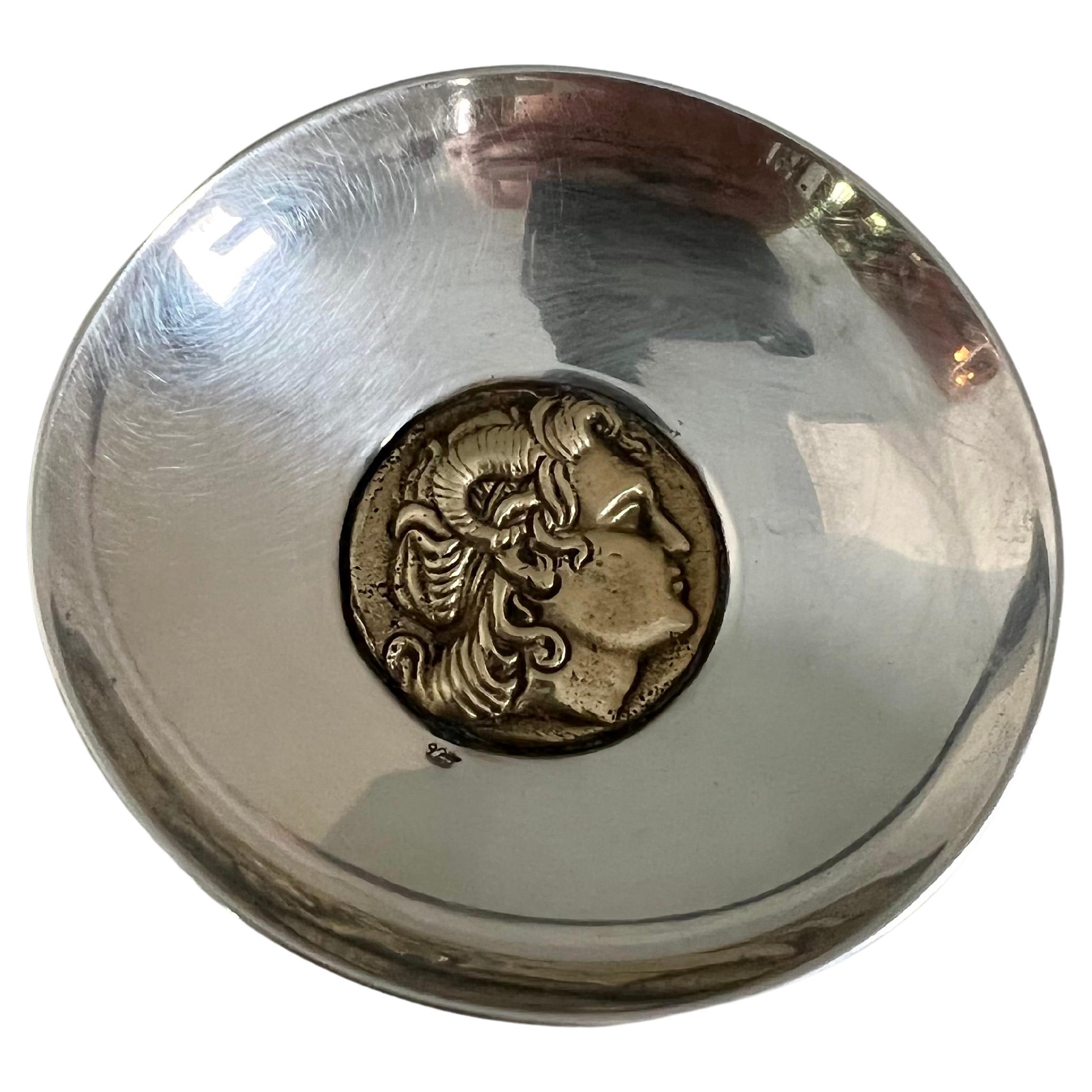 Art Deco Sterling Silver Brass Bowl with Center Satyr Detail  For Sale