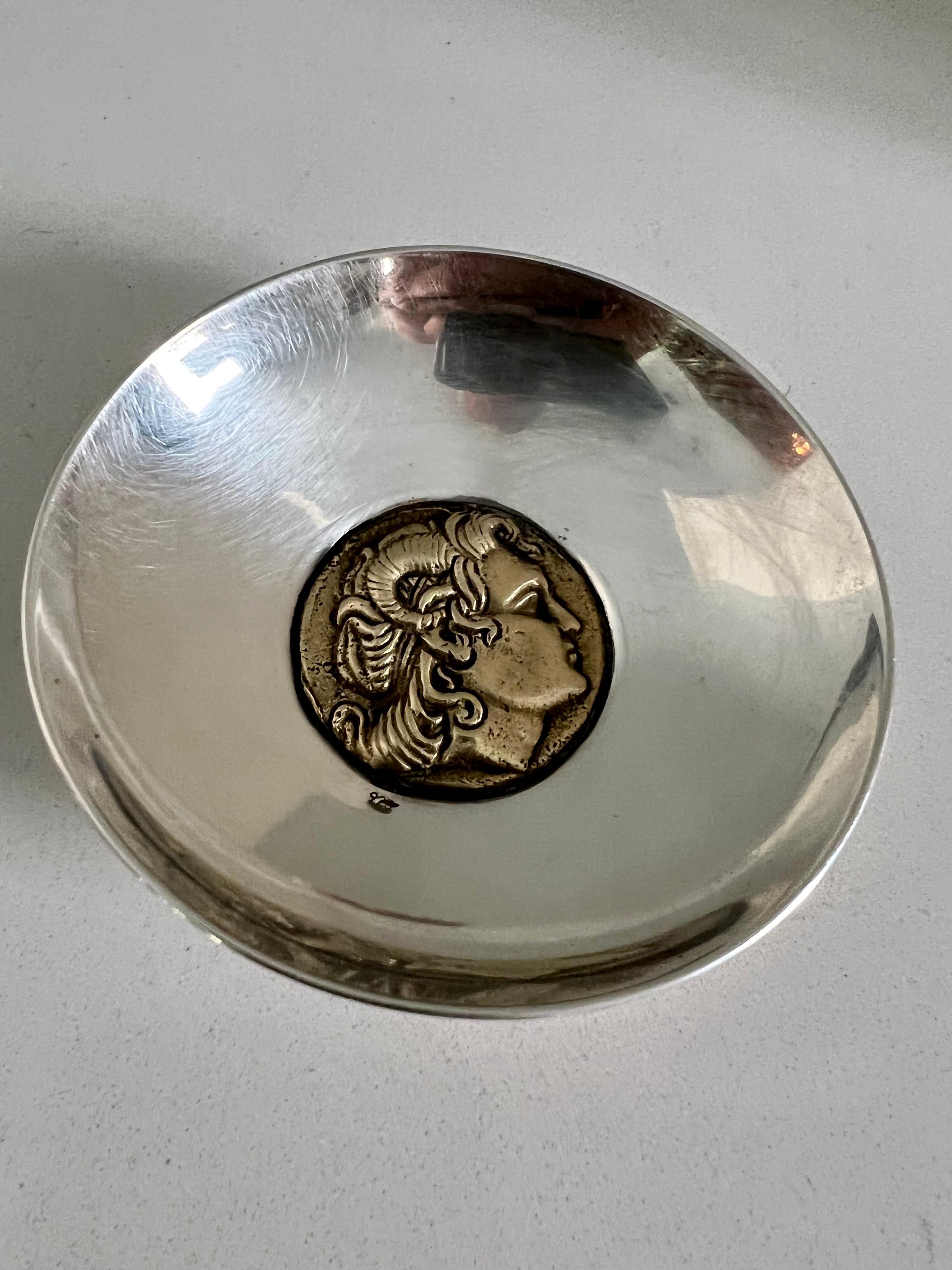 Patinated Sterling Silver Brass Bowl with Center Satyr Detail  For Sale