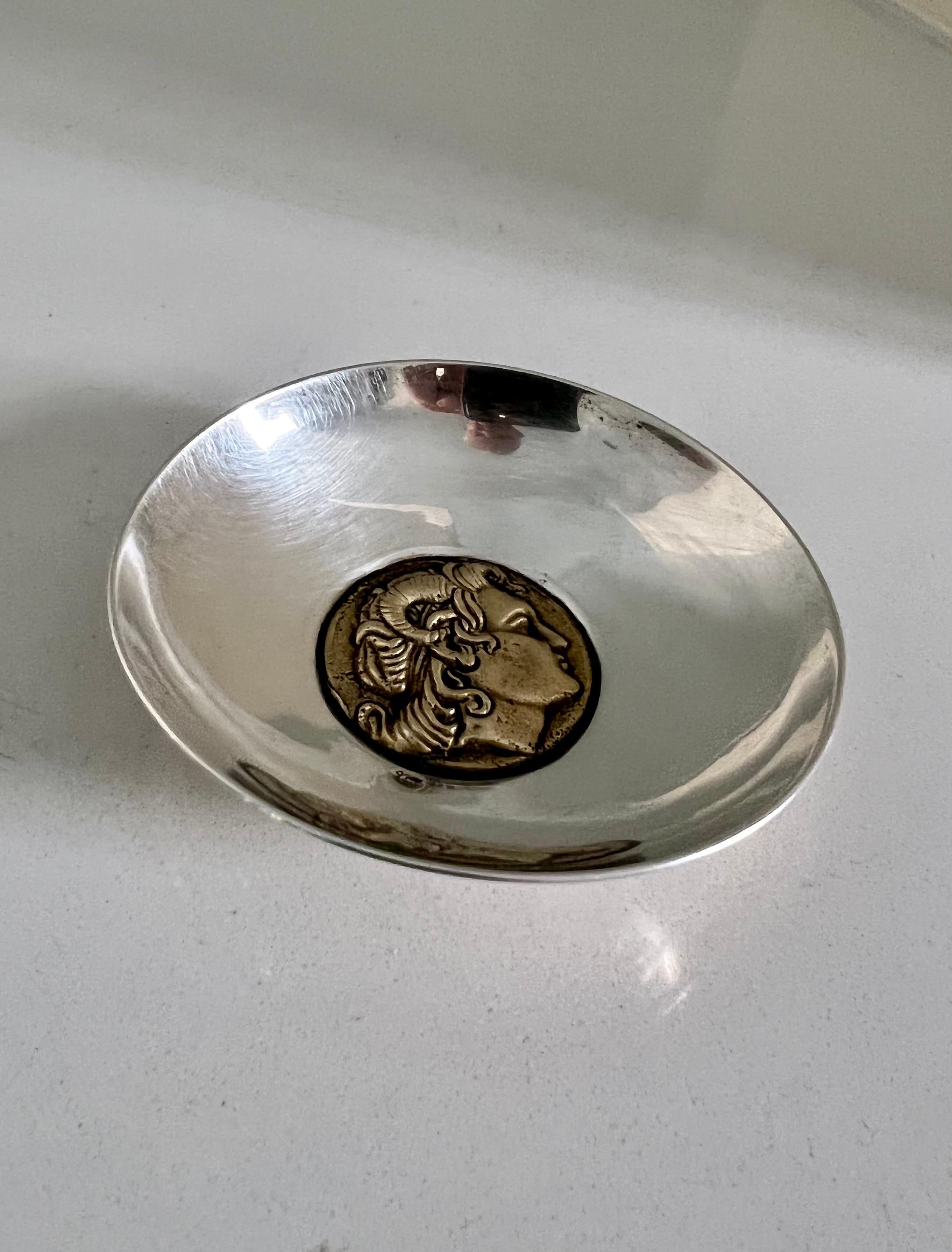 Sterling Silver Brass Bowl with Center Satyr Detail  In Good Condition For Sale In Los Angeles, CA