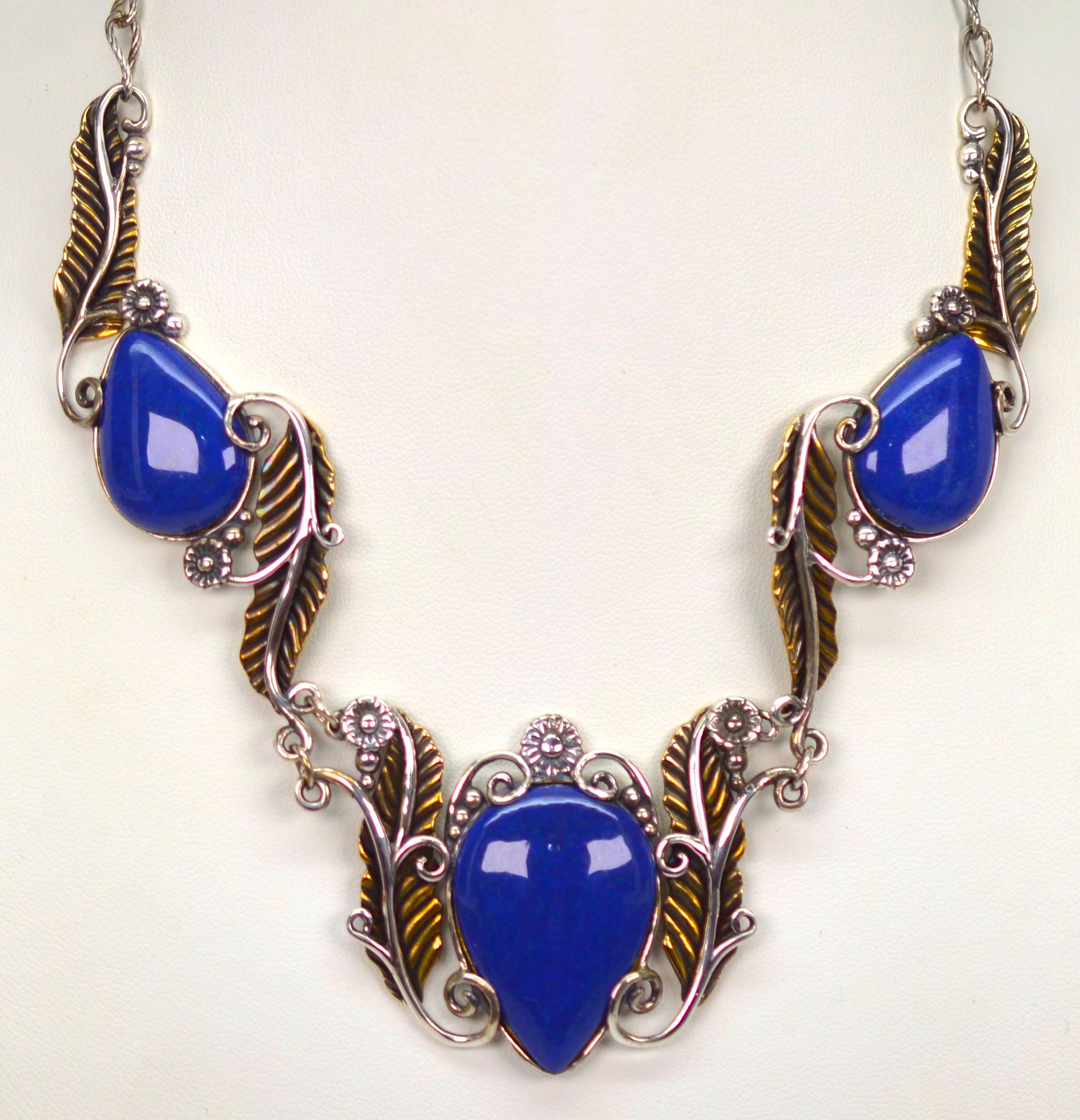 Pear Cut Sterling Silver Brass Lapis Leaf Statement Necklace For Sale