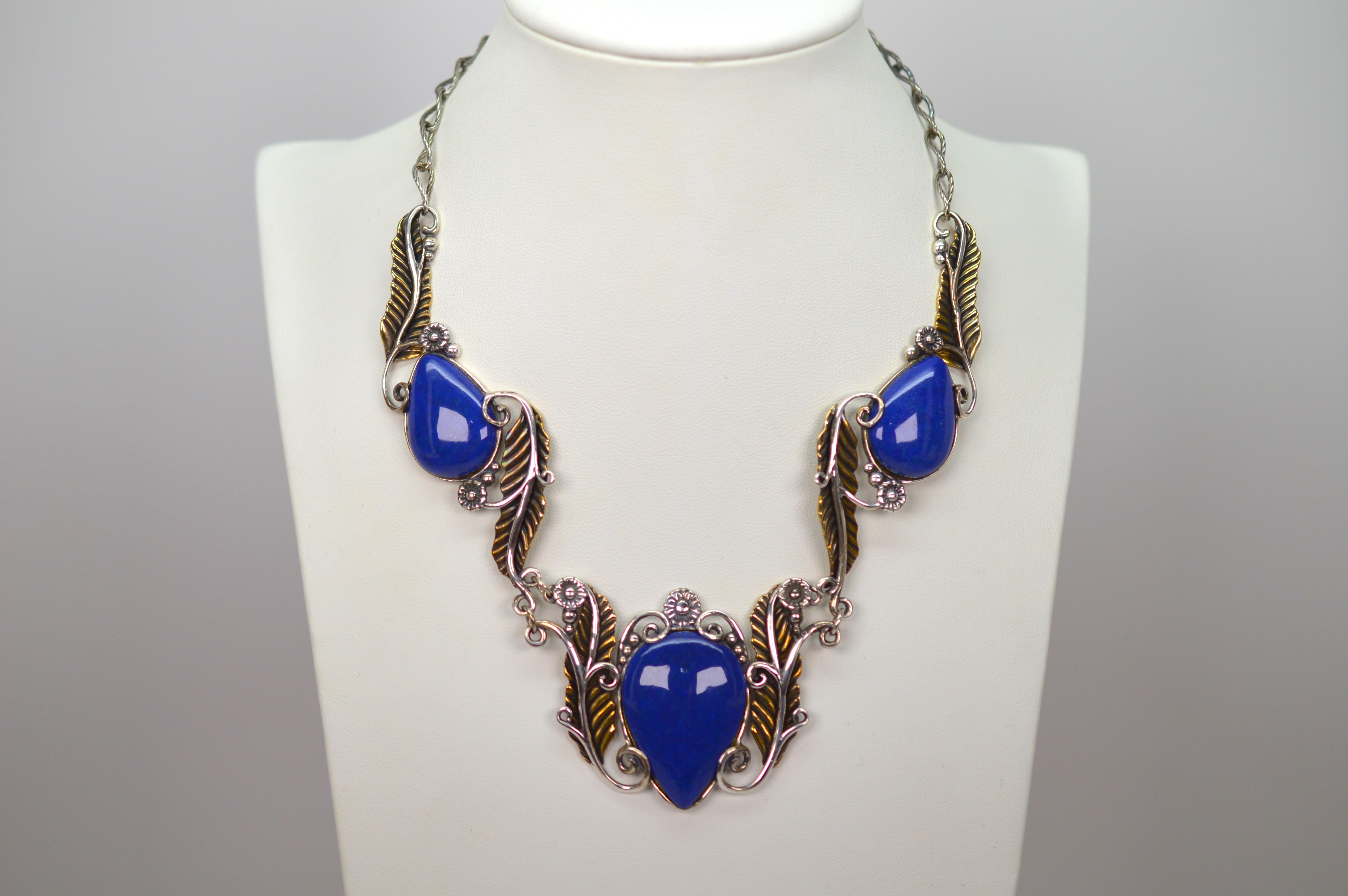 Women's Sterling Silver Brass Lapis Leaf Statement Necklace For Sale