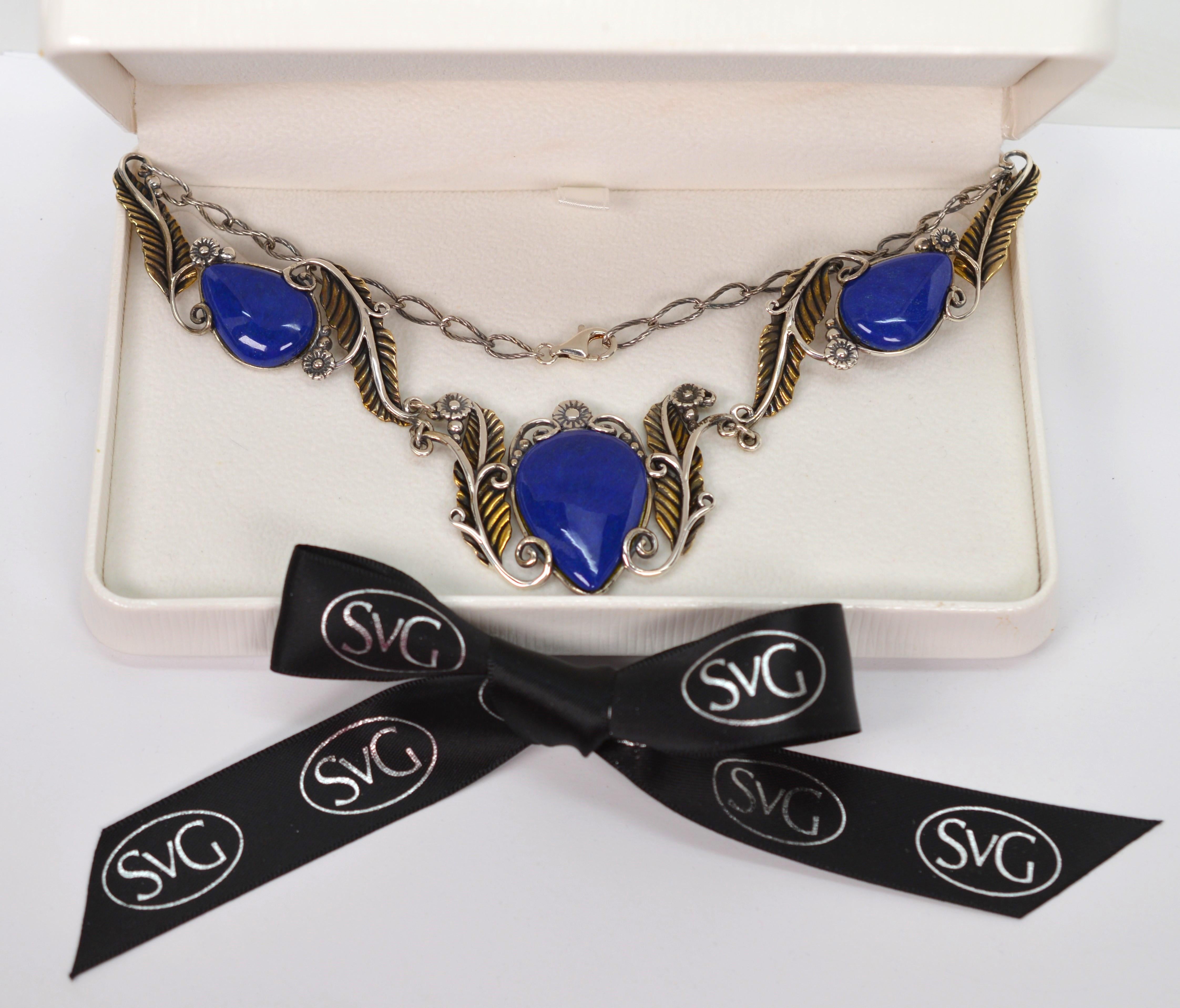 Sterling Silver Brass Lapis Leaf Statement Necklace For Sale 1