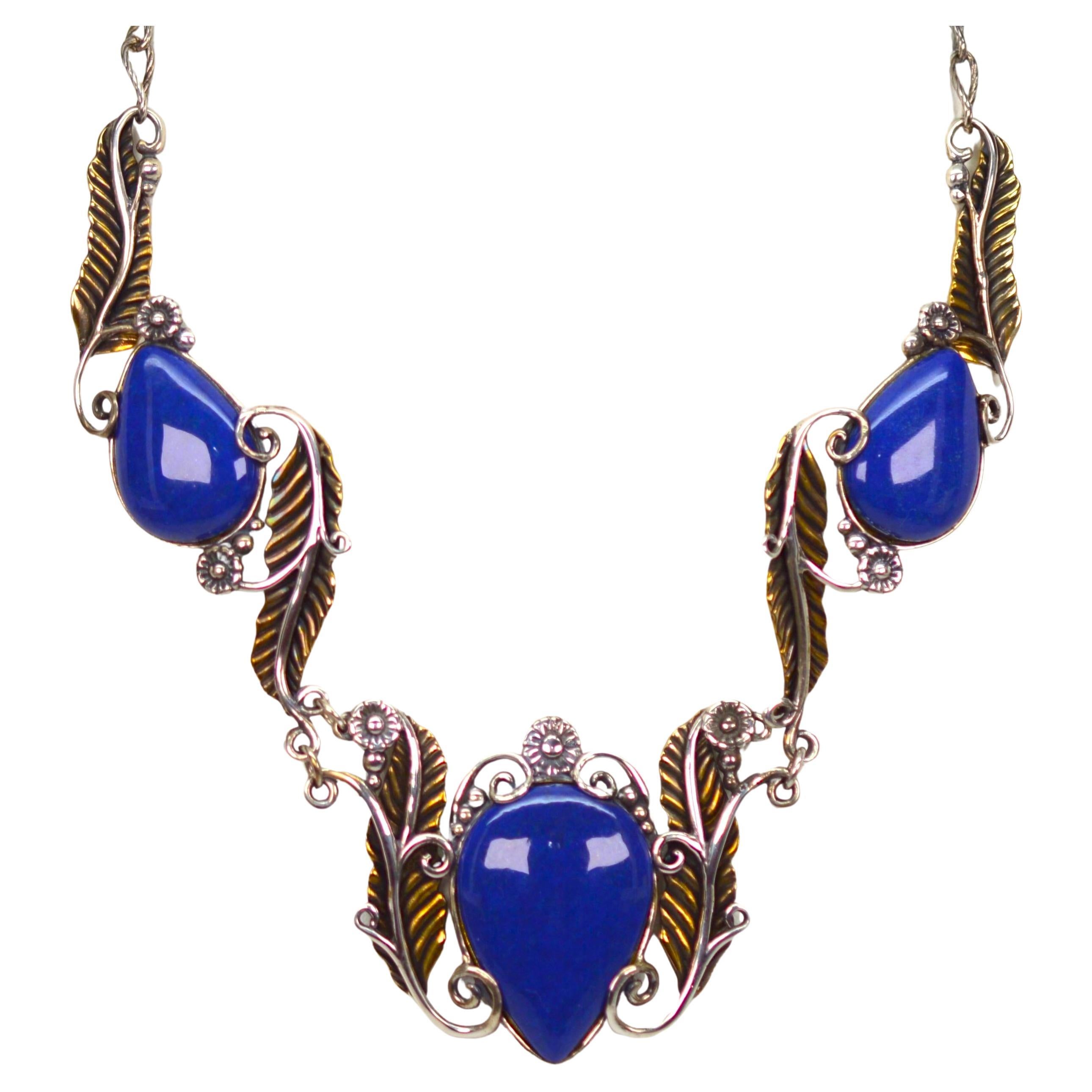 Sterling Silver Brass Lapis Leaf Statement Necklace For Sale