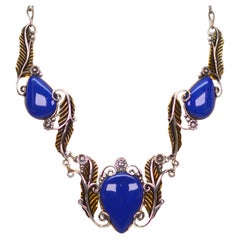 Sterling Silver Brass Lapis Leaf Statement Necklace