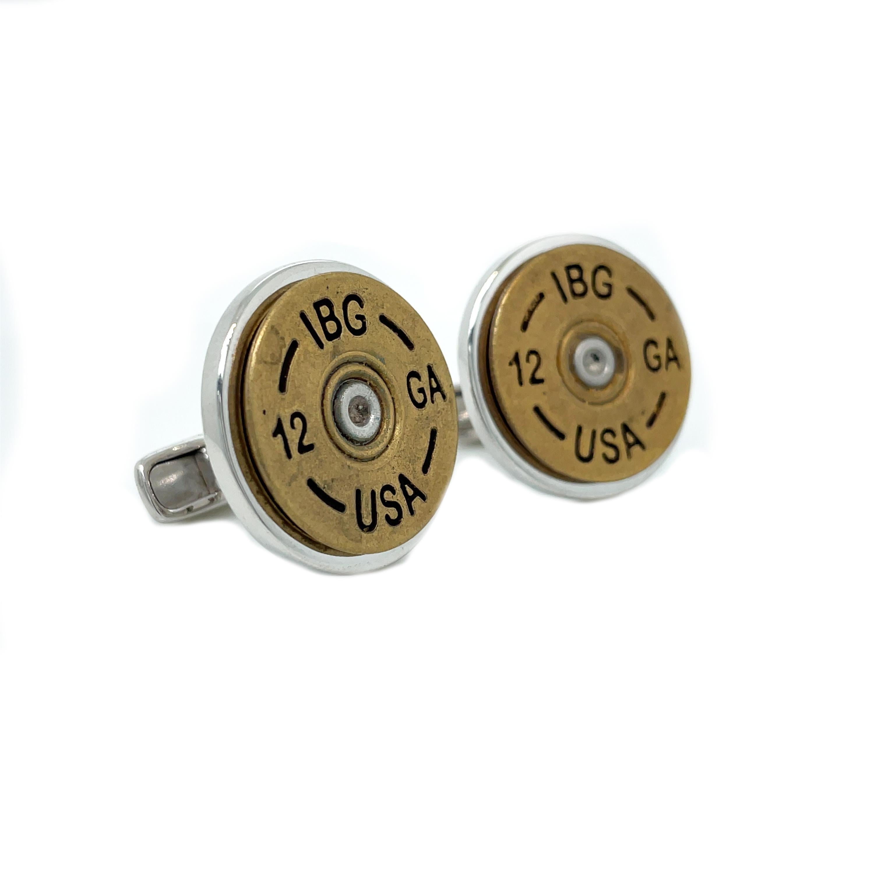 This is an amazing pair of cufflinks that feature the casing of a 12 gauge shotgun shell converted into a set of cufflinks! These cufflinks are brand new and have never been worn. The cufflinks are set in 925 Sterling Silver and the shell is in