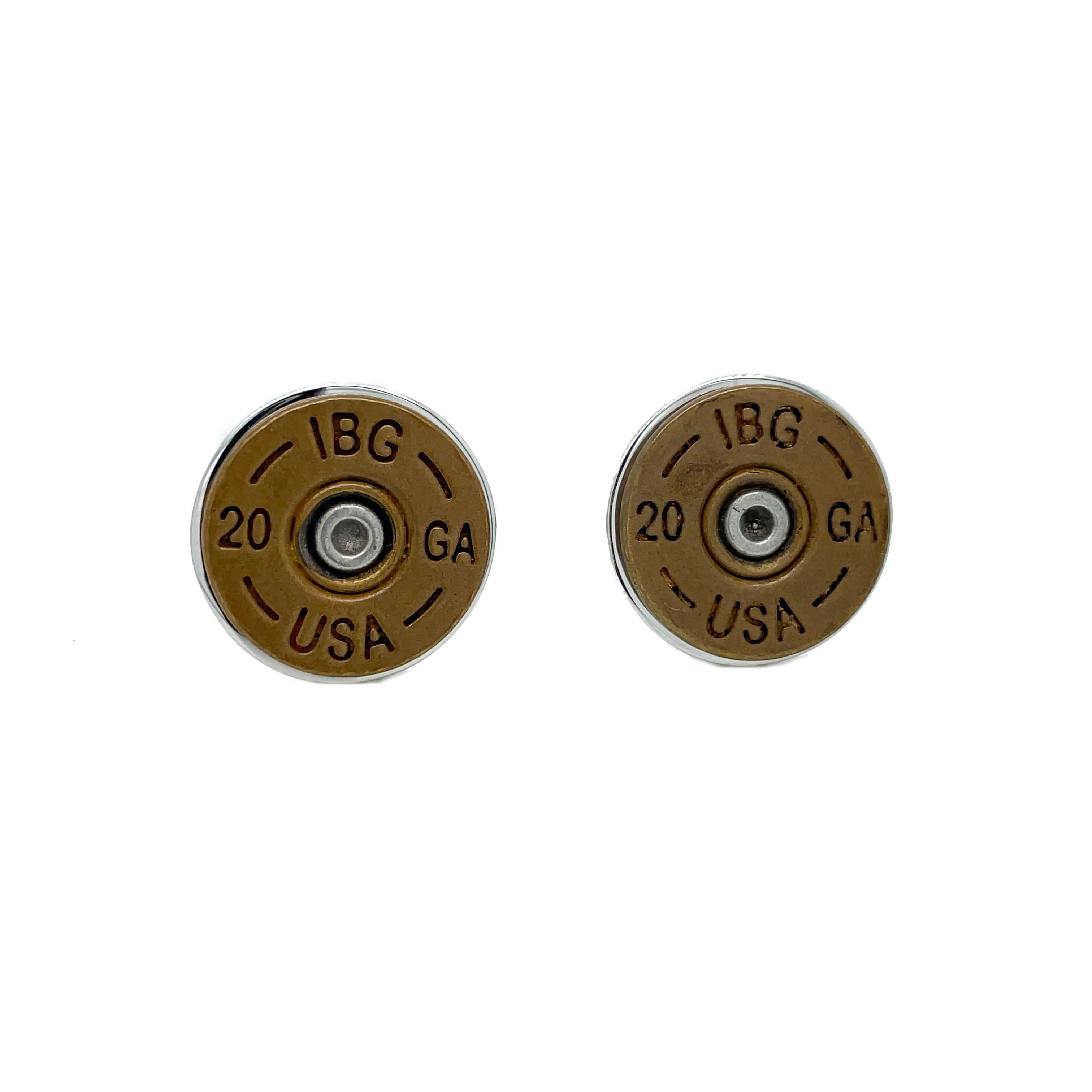 This is an amazing pair of cufflinks that feature the casing of a 20 gauge shotgun shell converted into a set of cufflinks! These cufflinks are brand new and have never been worn. The cufflinks are set in 925 Sterling Silver and the shell is in