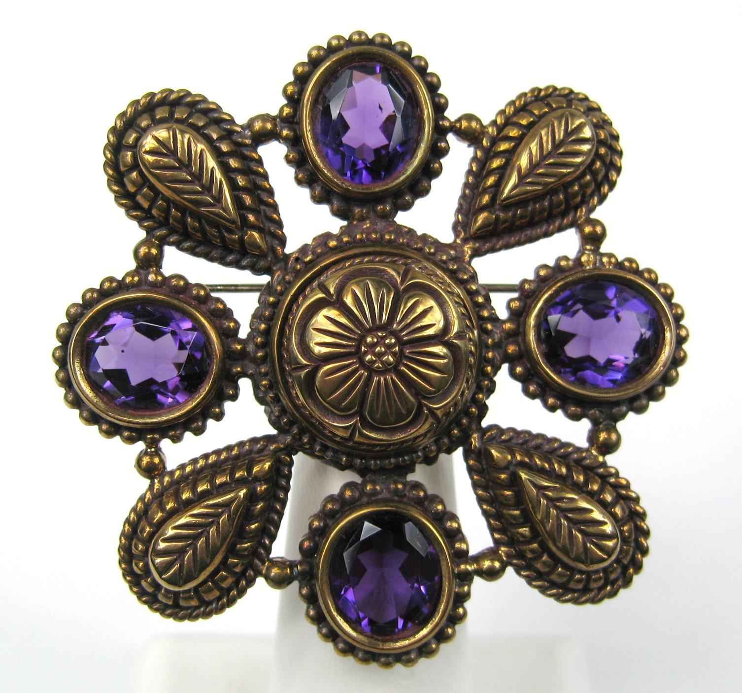  Sterling Silver Bronze Amethyst Brooch Stephen Dweck New, Never Worn 1990s In New Condition In Wallkill, NY