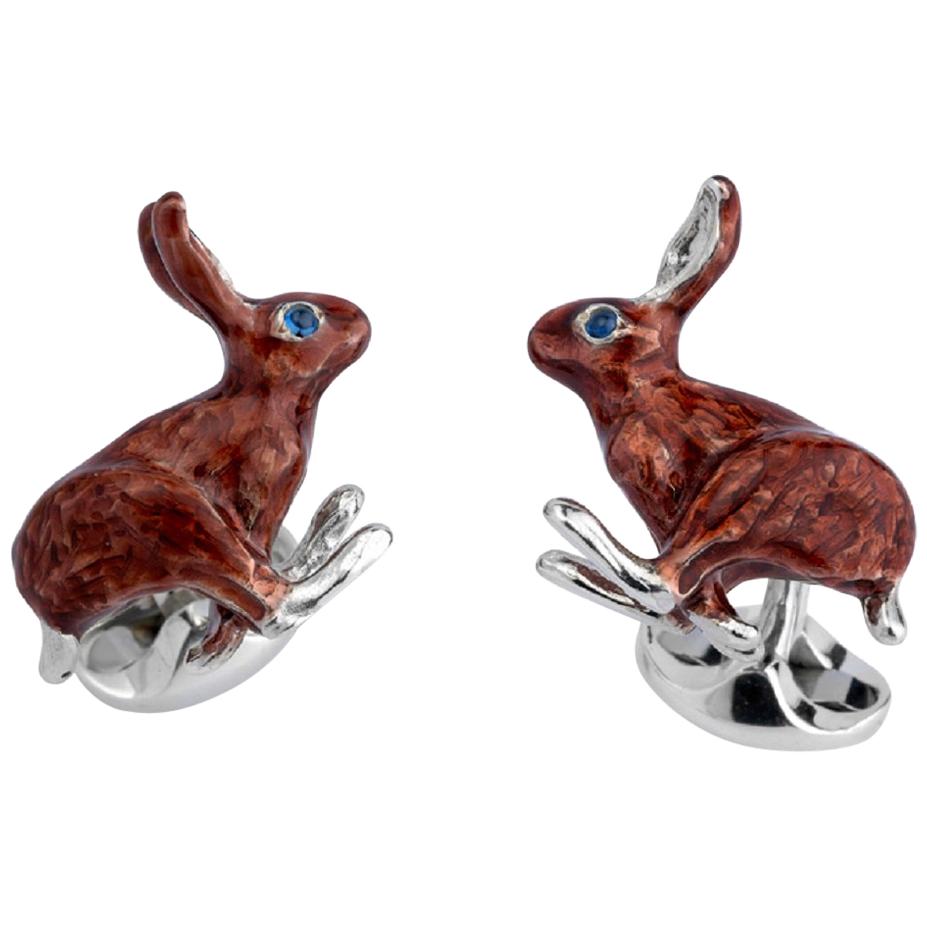 Sterling Silver Brown Hare Cufflinks with Sapphire Eyes For Sale