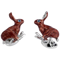 Sterling Silver Brown Hare Cufflinks with Sapphire Eyes