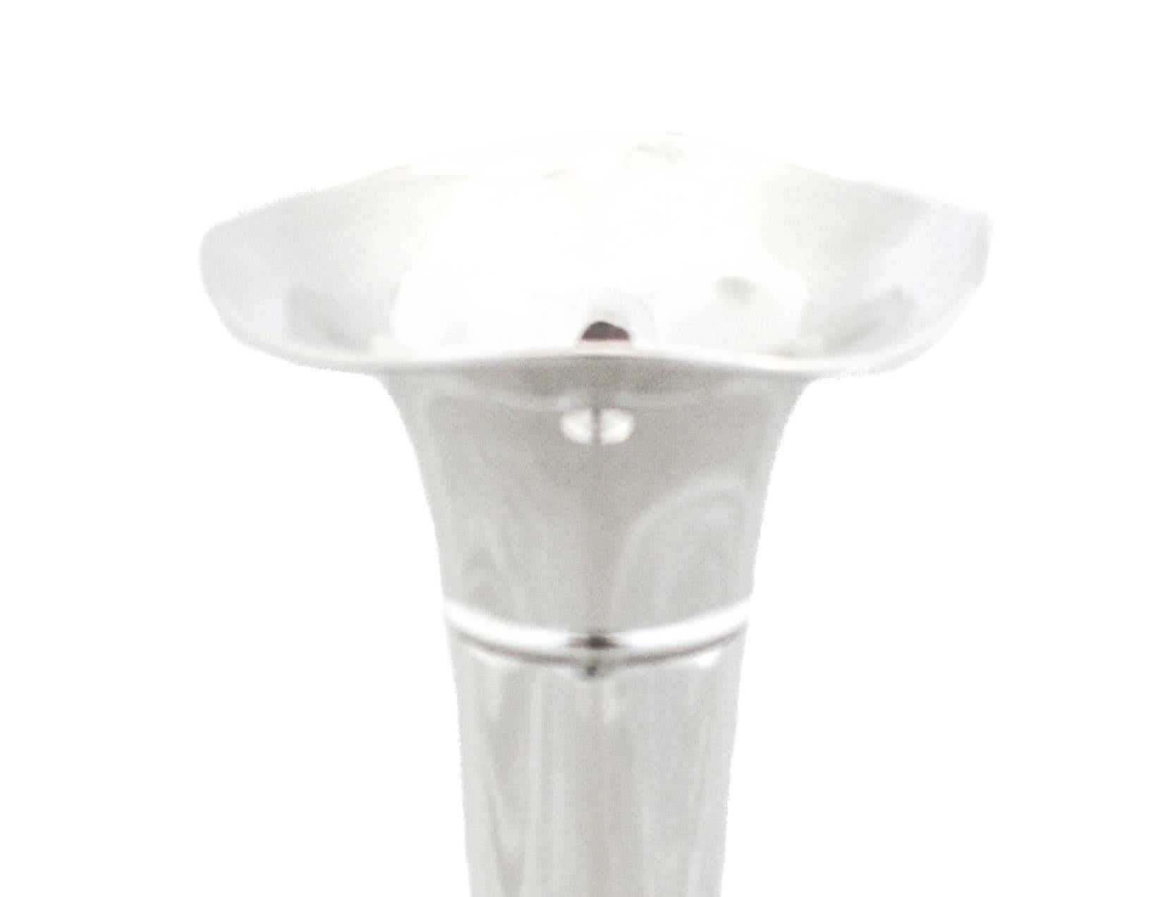 Being offered is a sterling silver bud vase by Shreve Crump & Low of San Francisco. It is a clean and modern piece with no etchings or decorative design. Just a scalloped rim and a hand engraved “H” in script. This is the perfect size for a powder