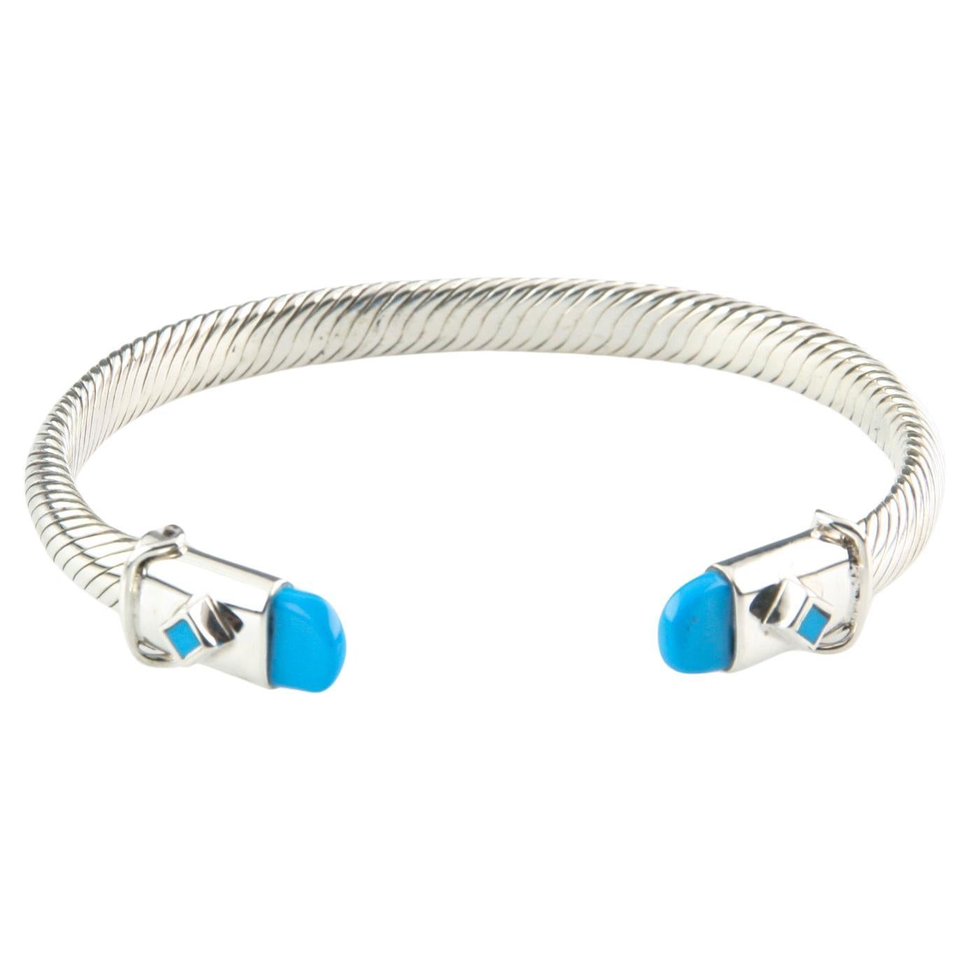 Sterling Silver Cable Cuff Bracelet with Blue Enamel Accents, Size 7