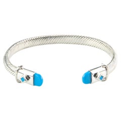 Manchette câble en argent sterling avec accents d'émail bleu, taille 7