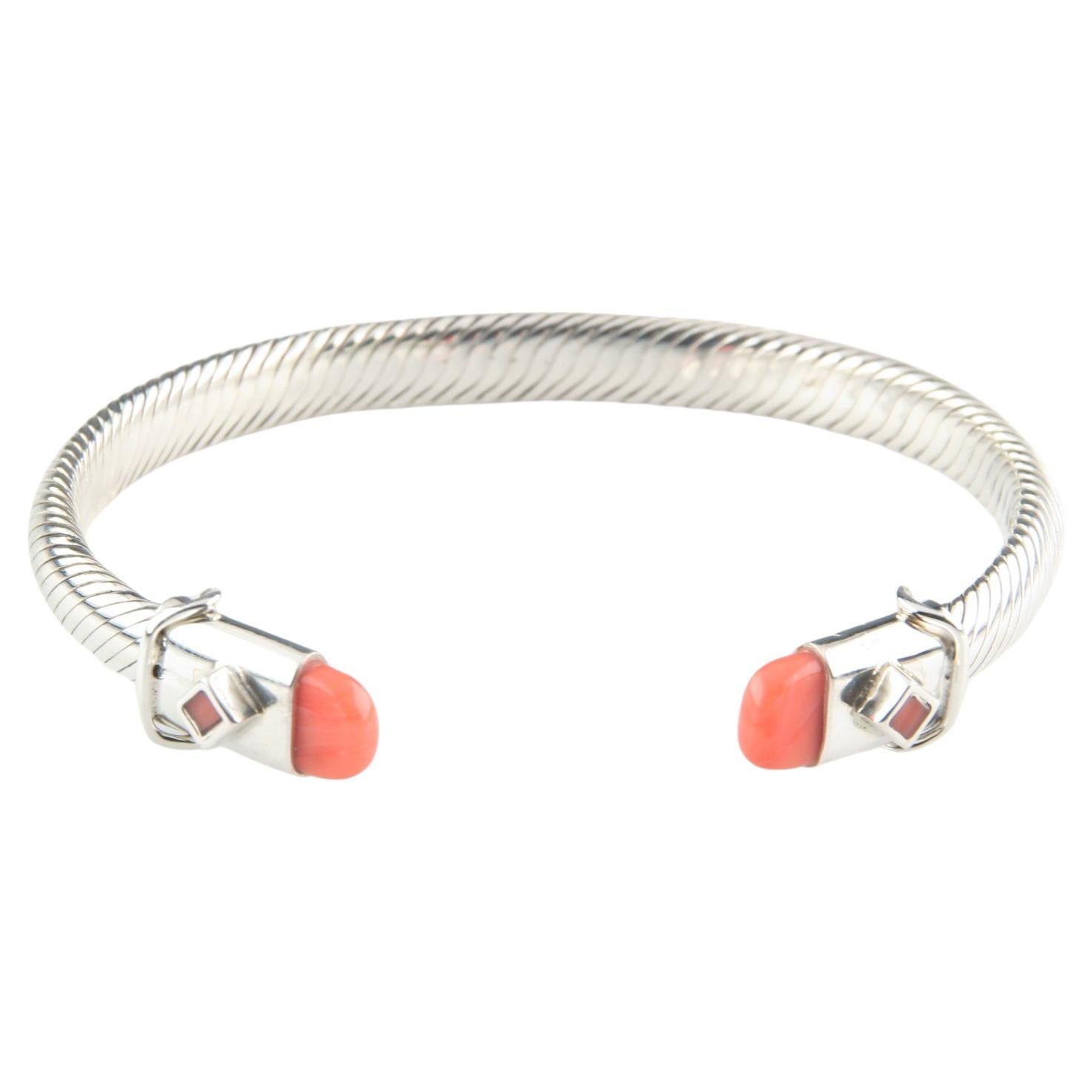 Sterling Silver Cable Cuff Bracelet with Coral Accents, Size 7 For Sale
