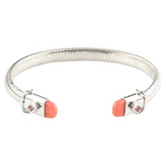 Sterling Silver Cable Cuff Bracelet with Coral Accents, Size 7