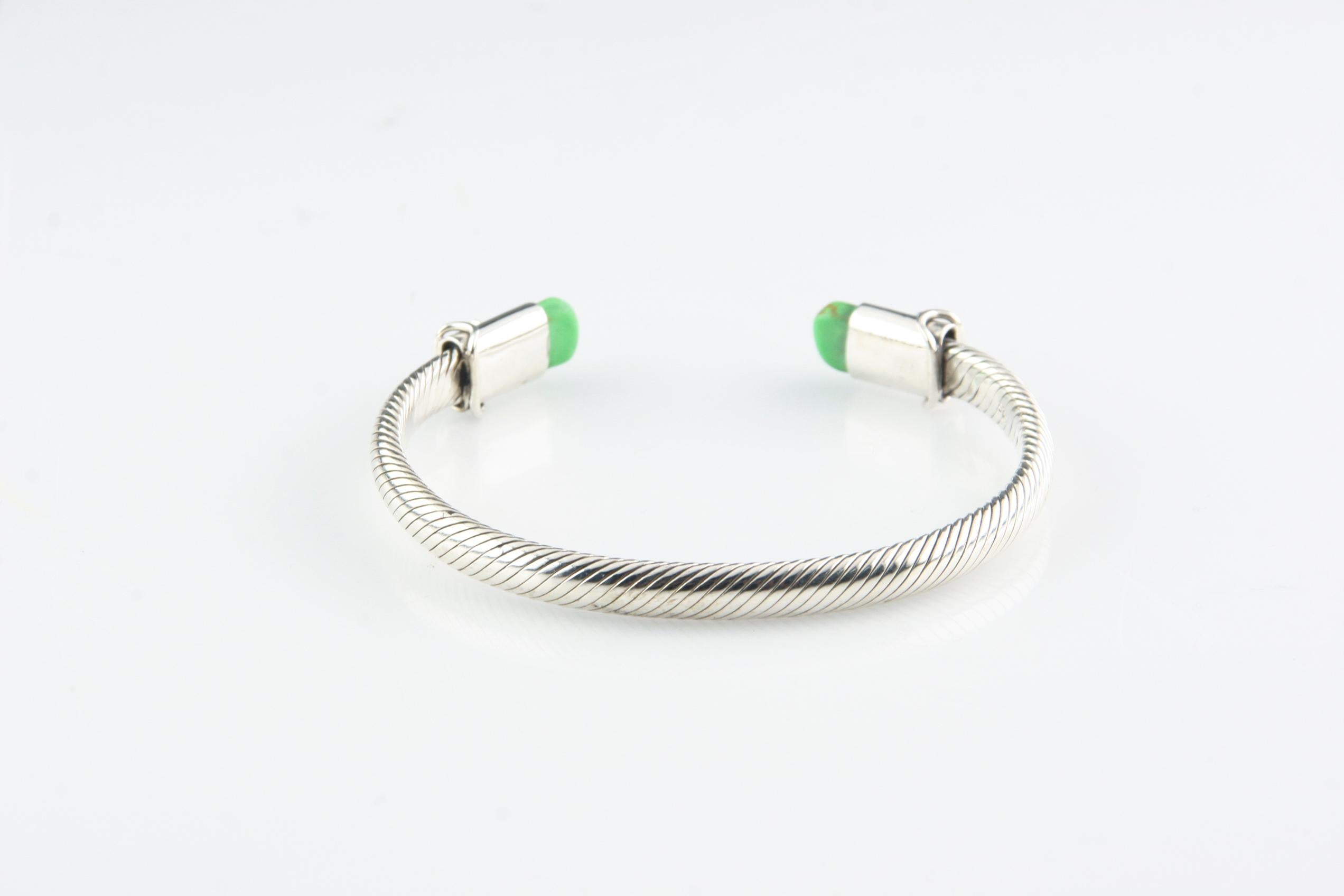 Modern Sterling Silver Cable Cuff Bracelet with Green Accents, Size 7 For Sale