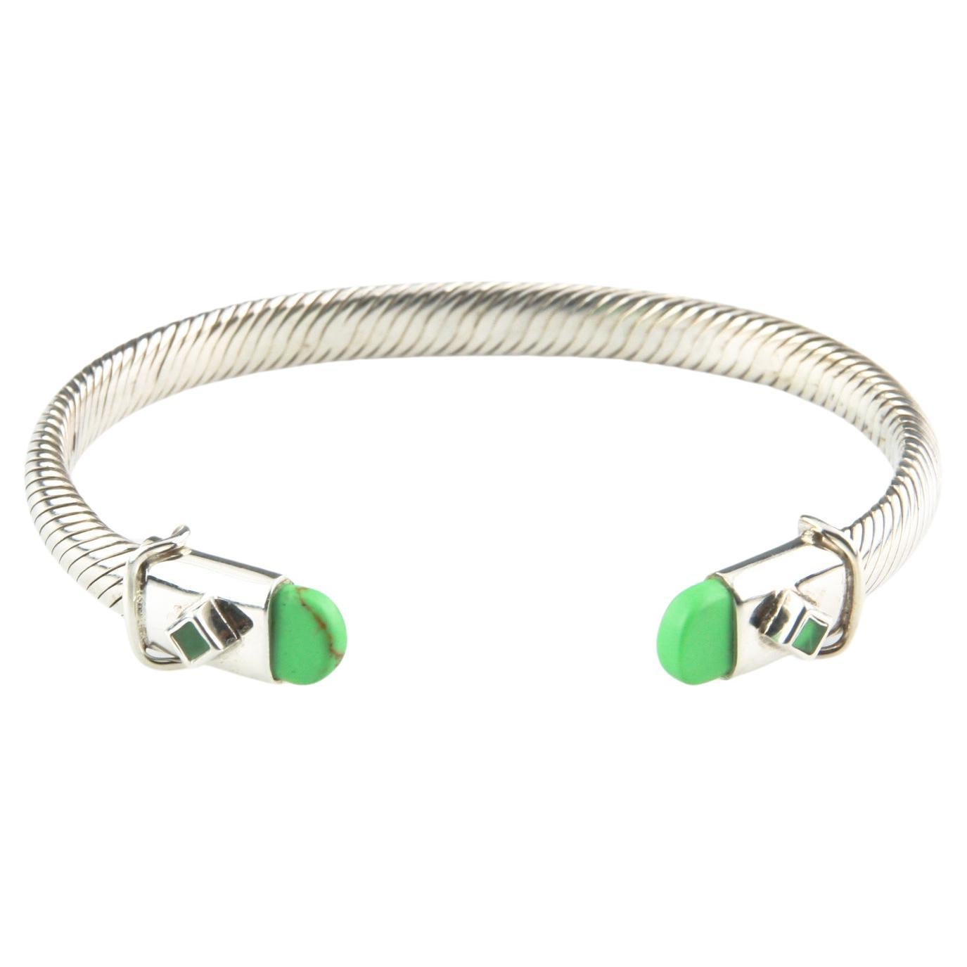 Sterling Silver Cable Cuff Bracelet with Green Accents, Size 7 For Sale