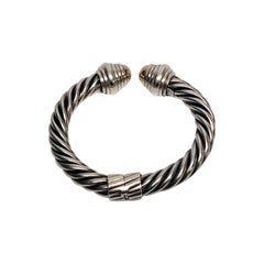 Sterling Silver Cable Twist 14K Yellow Gold Dome End Cuff Bracelet