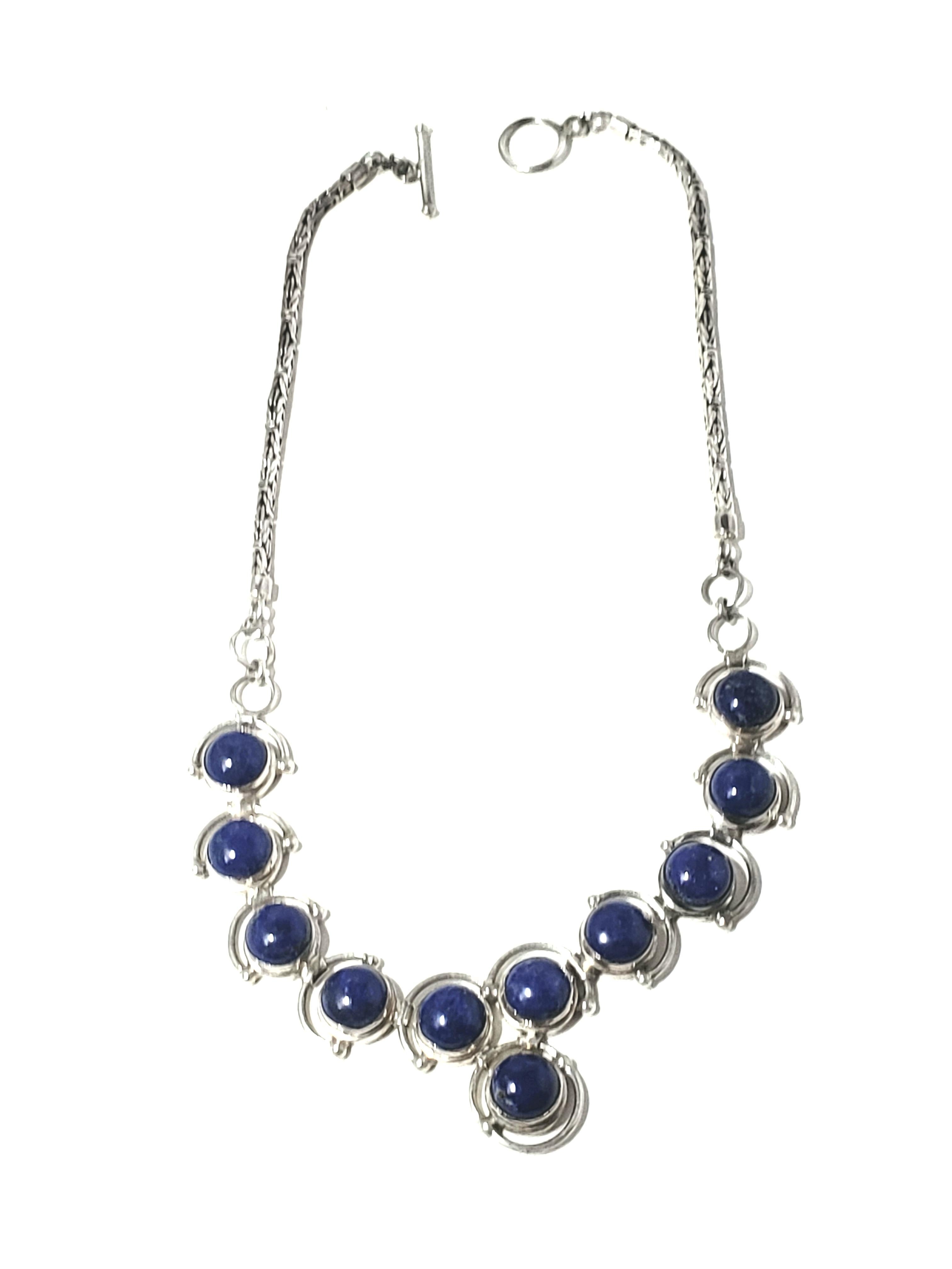 Sterling Silver Cabochon Lapis Lazuli Link Necklace In Good Condition In Washington Depot, CT