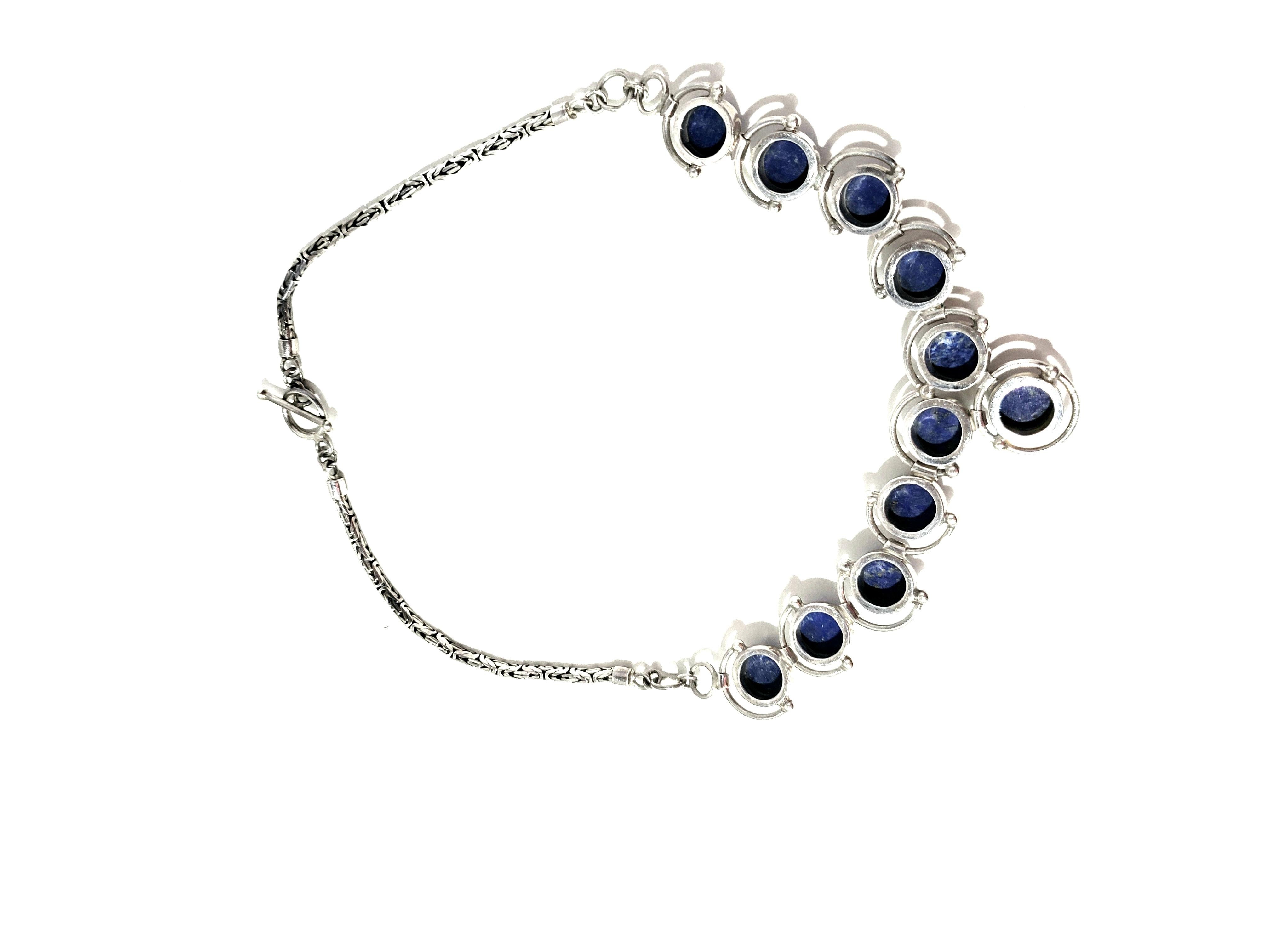 Women's or Men's Sterling Silver Cabochon Lapis Lazuli Link Necklace For Sale