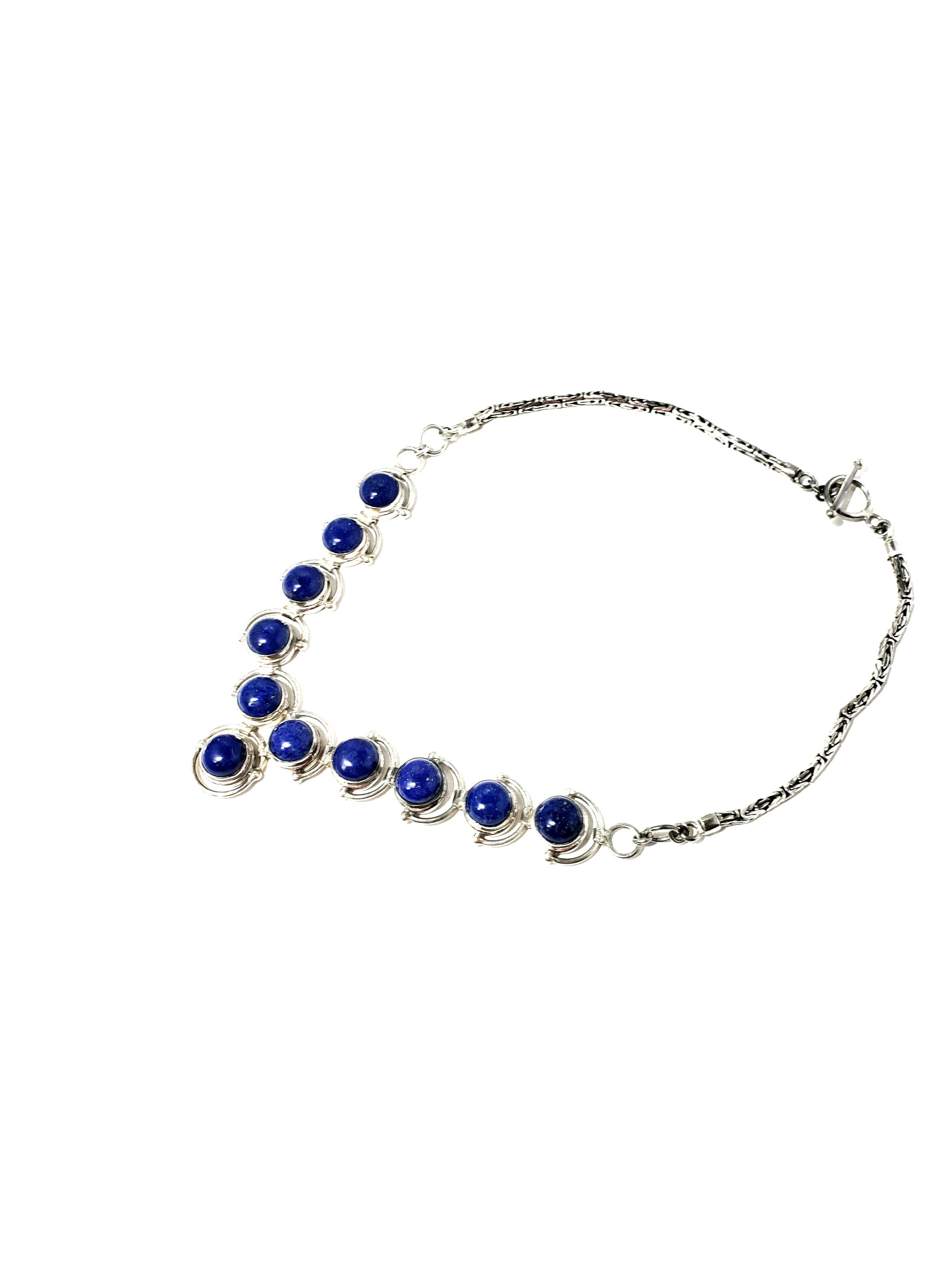 Sterling Silver Cabochon Lapis Lazuli Link Necklace For Sale 2