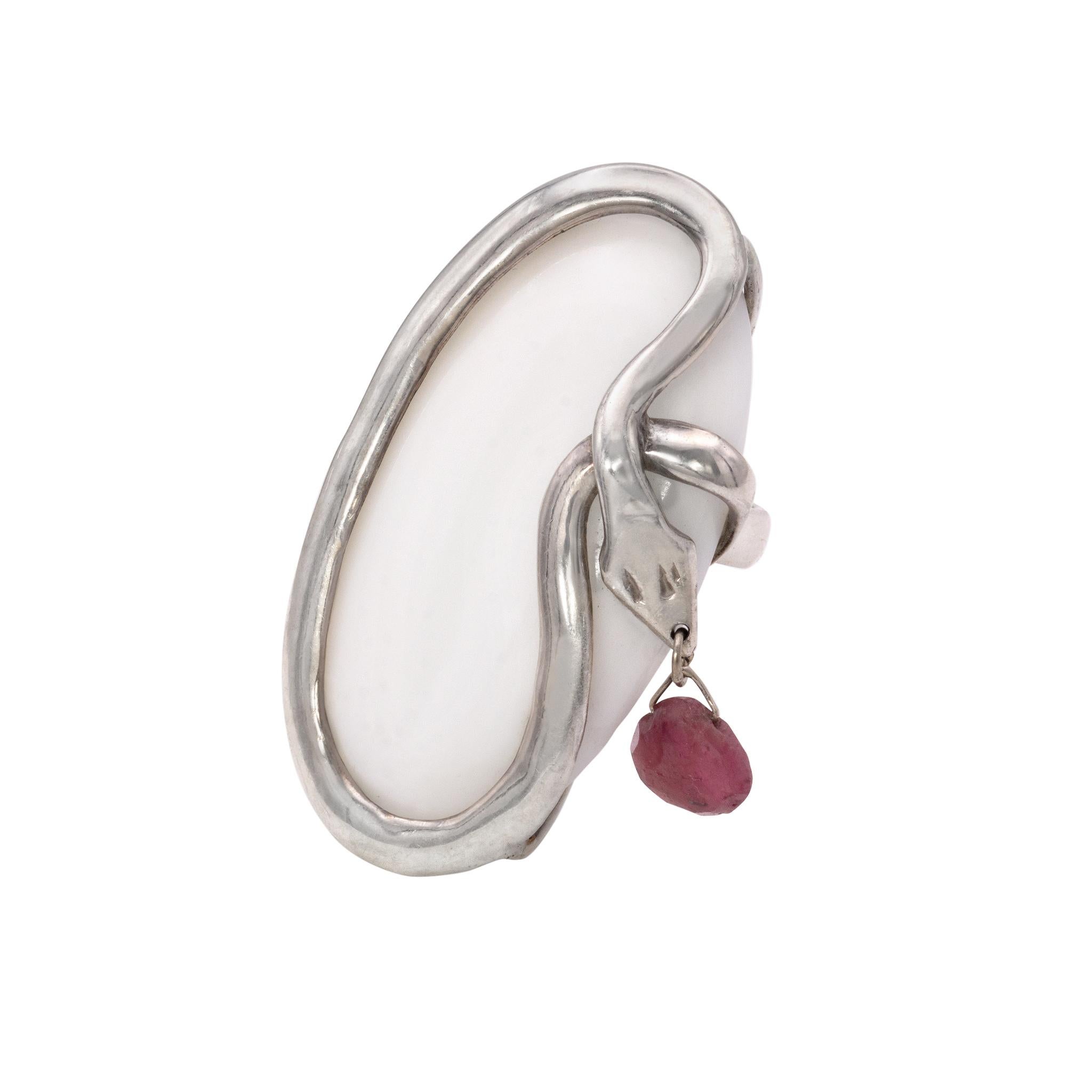 Sterling Silver Cacholong Serpent Ring with ruby Briolette