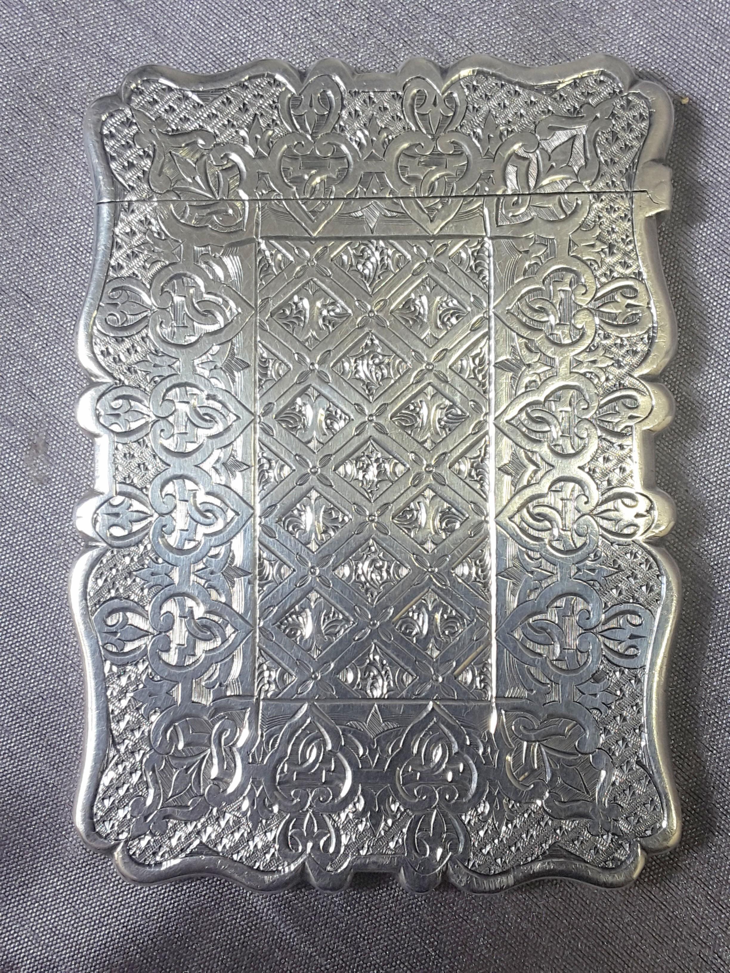 Sterling silver calling card case by Robert Mitchell, hallmarked for Birmingham, England (1867), calling card case is suitable for use today for business cards, introduction cards, etc. The case is sterling silver with hallmarks/touchmarks on in